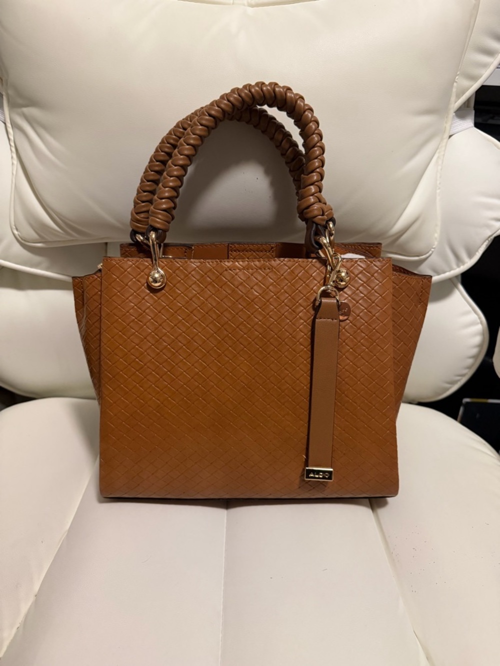 Aldo Cognac Tan Woven Satchel with Braided Top Handles